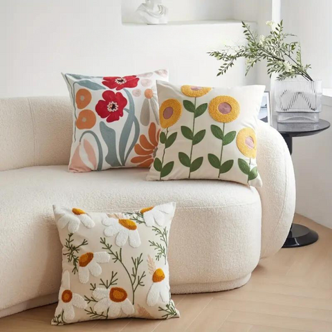 Pillowcase with embroidered floral and botanical pattern