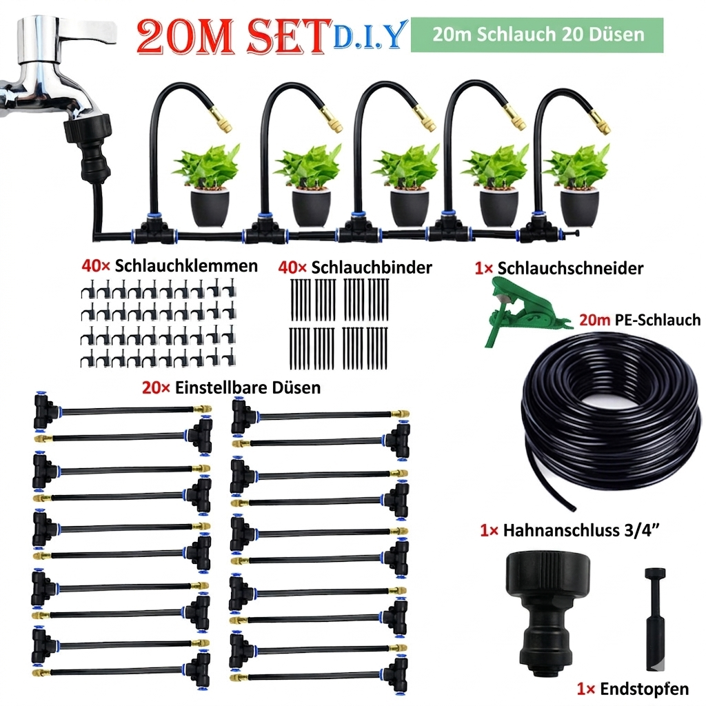 Garden misting system 20 m – irrigation & cooling with 20 brass nozzles