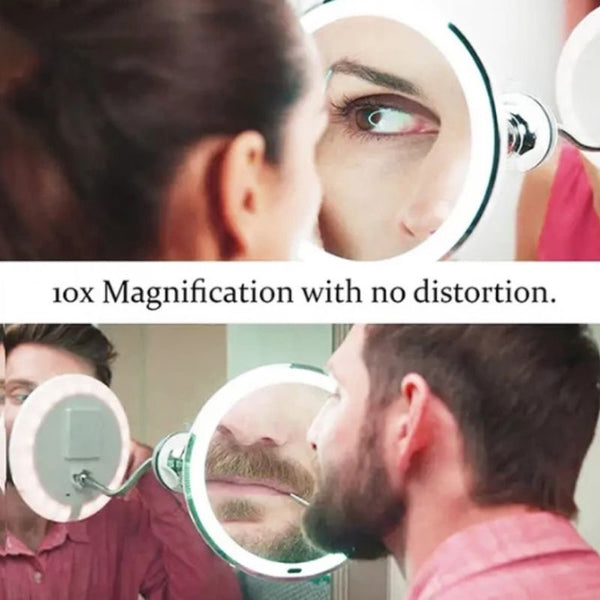 LED cosmetic mirror with 10x magnification and flexible gooseneck