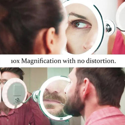LED cosmetic mirror with 10x magnification and flexible gooseneck
