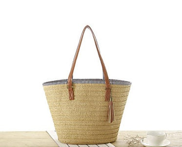 Woven Beach Bag with Leather Handle