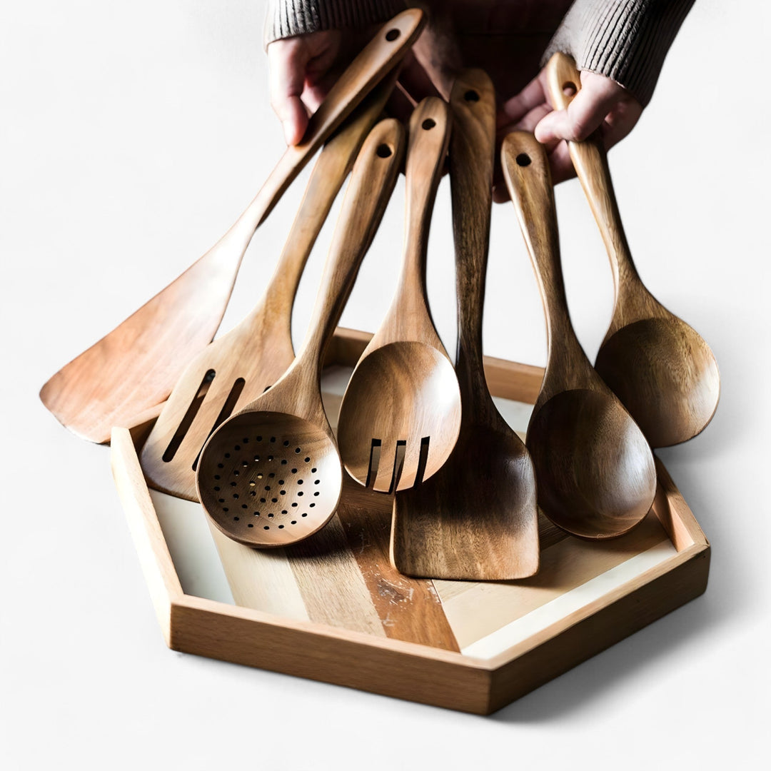 Teak Kitchen Utensil Set – 9 Pieces with Holder & Spoon Rest