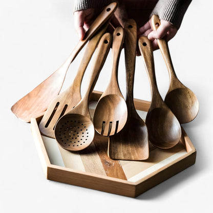 Teak Kitchen Utensil Set – 9 Pieces with Holder & Spoon Rest