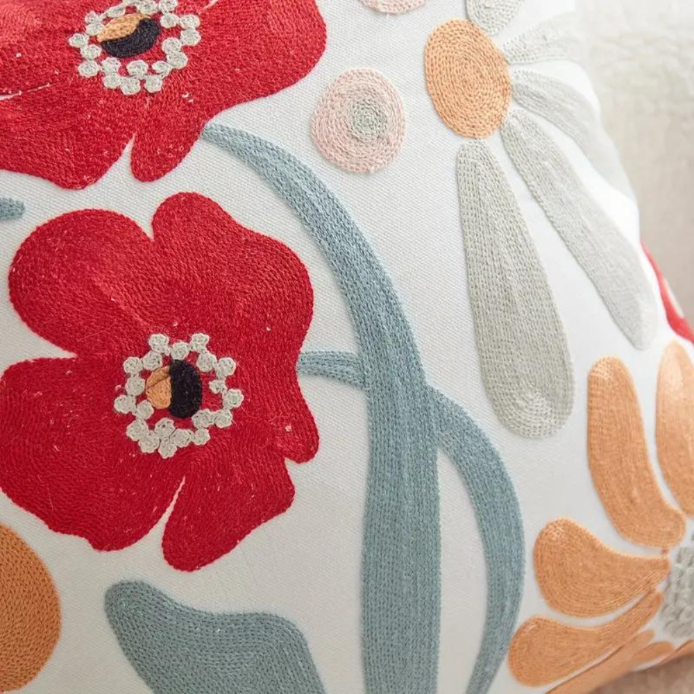 Pillowcase with embroidered floral and botanical pattern