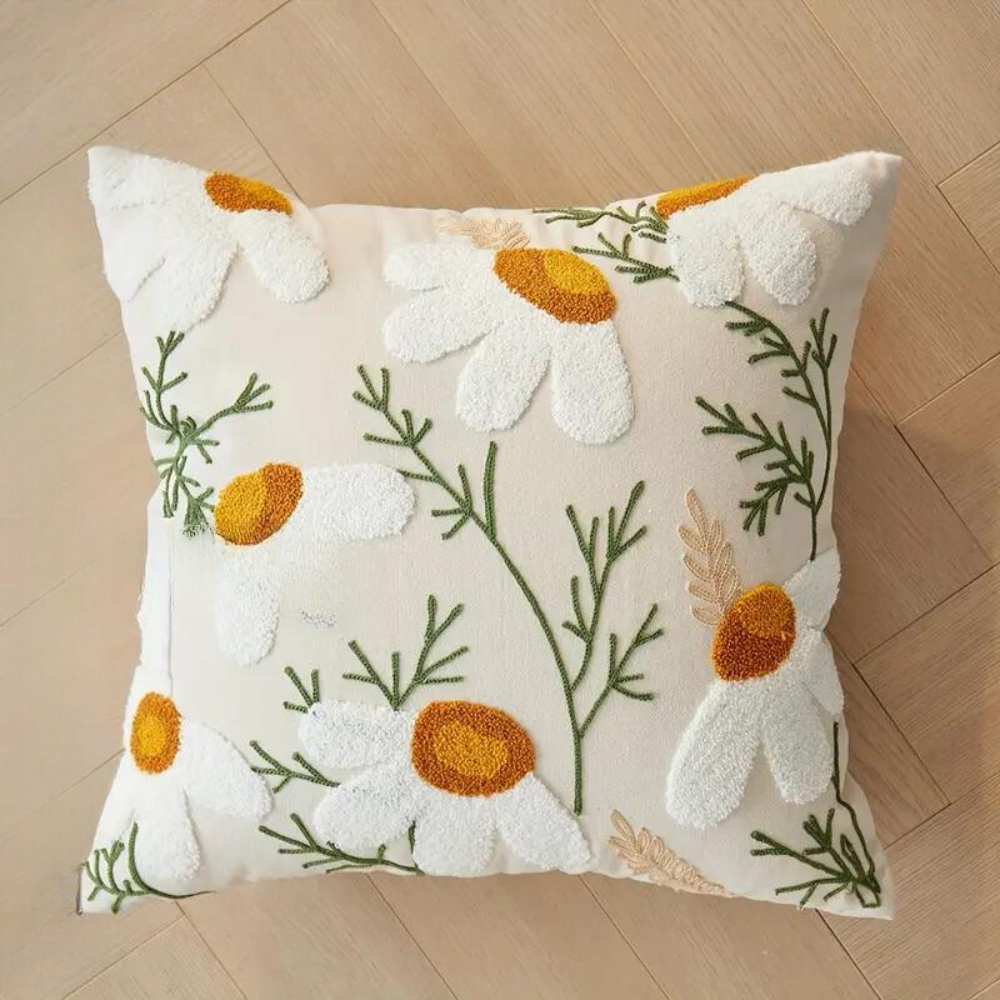 Pillowcase with embroidered floral and botanical pattern