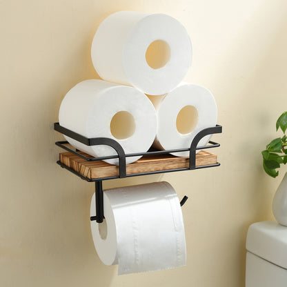 Wall Shelf with Toilet Paper Holder – Metal & Wood
