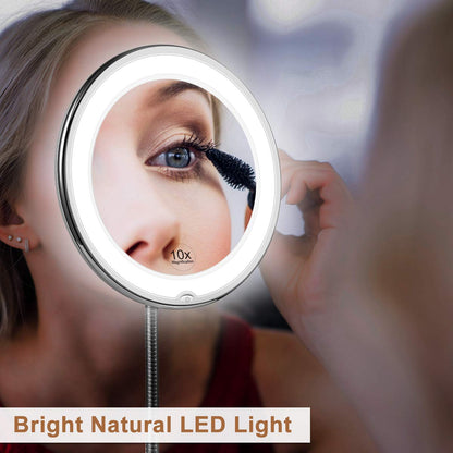 LED cosmetic mirror with 10x magnification and flexible gooseneck