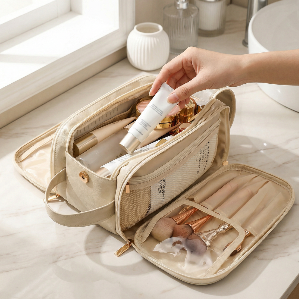 Make-up organizer with flat opening design
