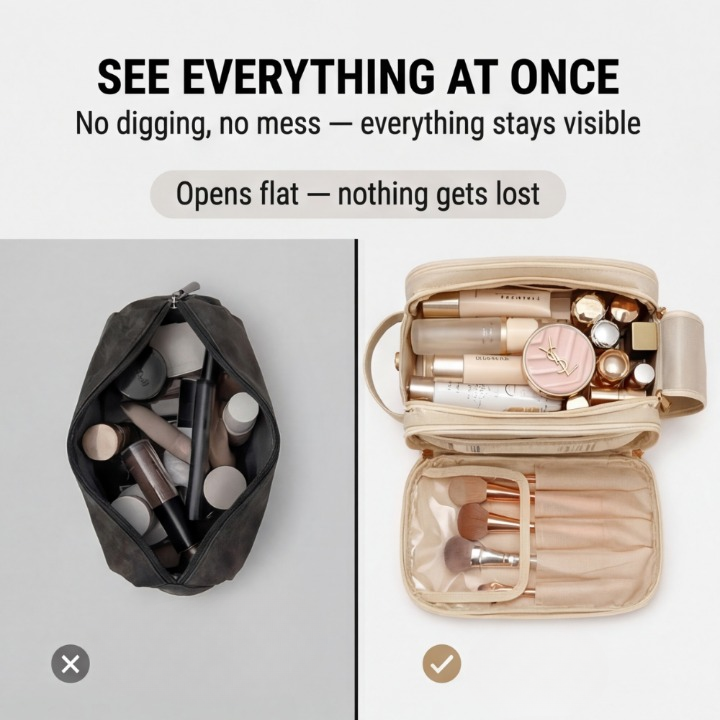 Make-up organizer with flat opening design