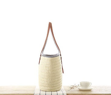 Woven Beach Bag with Leather Handle
