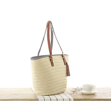 Woven Beach Bag with Leather Handle