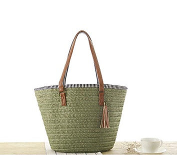 Woven Beach Bag with Leather Handle