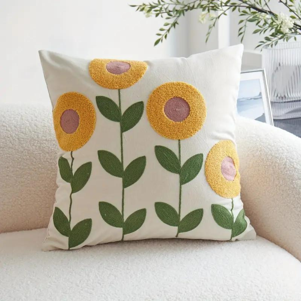 Pillowcase with embroidered floral and botanical pattern