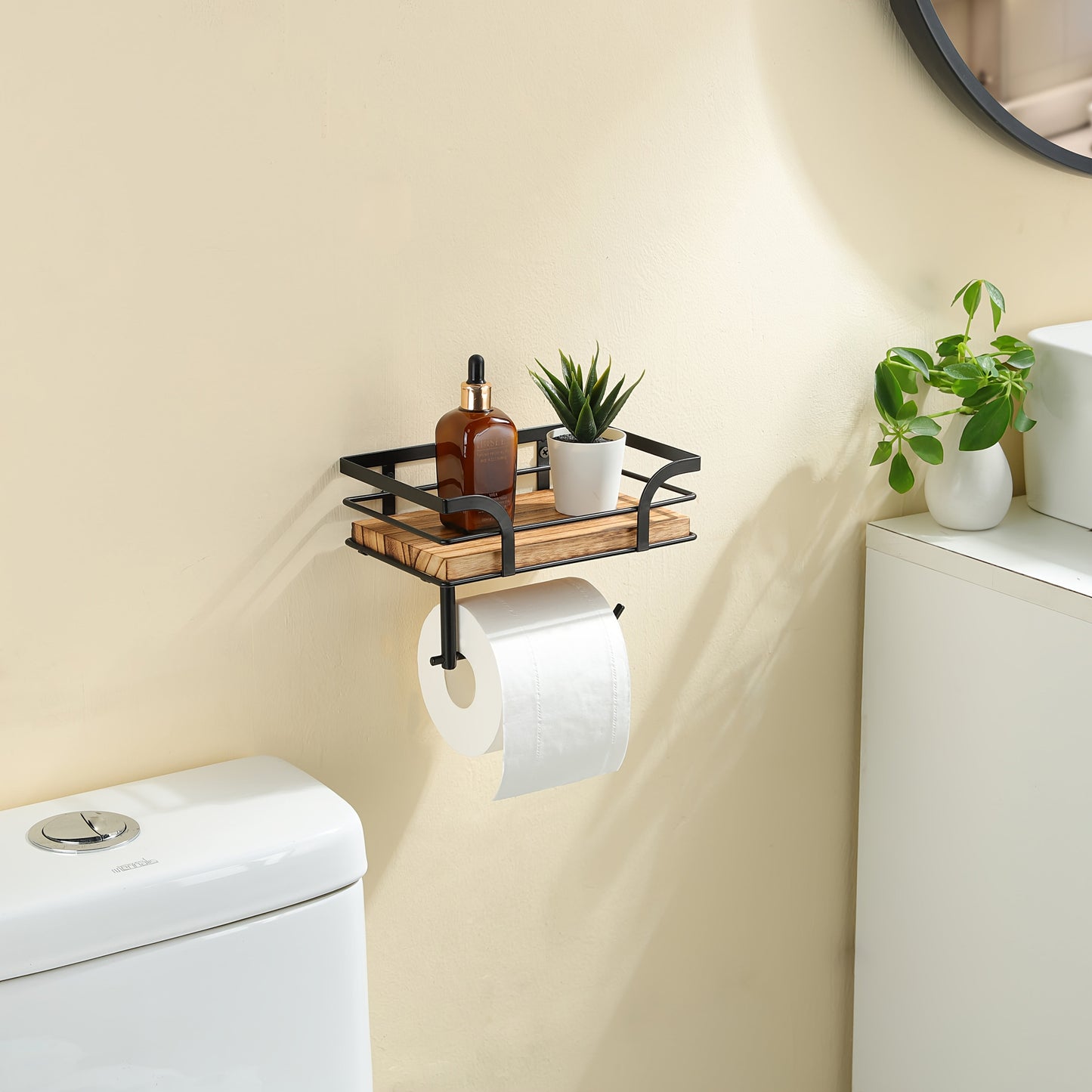Wall Shelf with Toilet Paper Holder – Metal & Wood