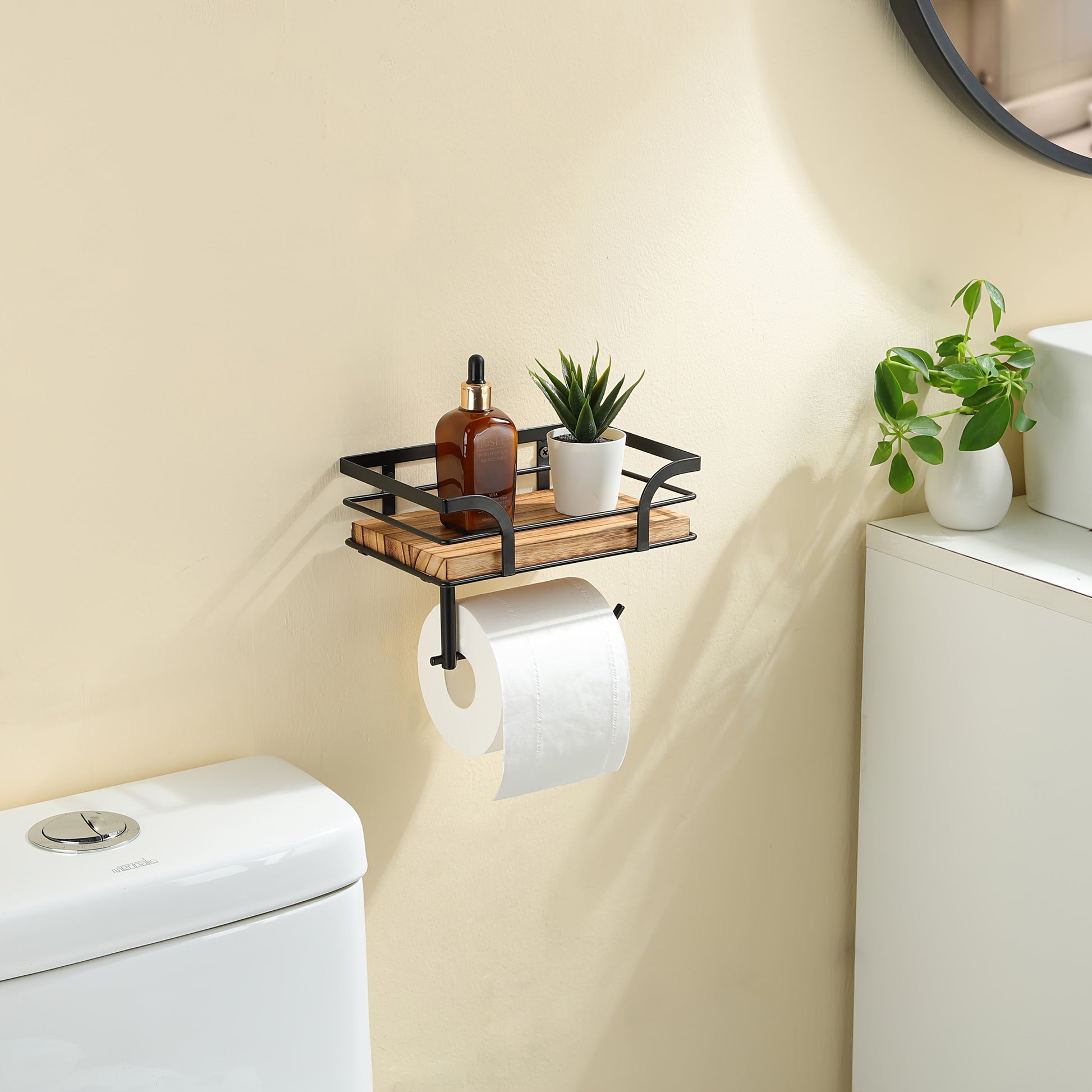 Wall Shelf with Toilet Paper Holder – Metal & Wood