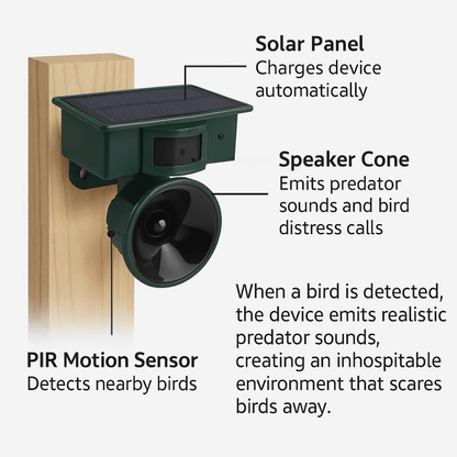 Bird repellent device with motion sensor – solar-powered and noise deterrent