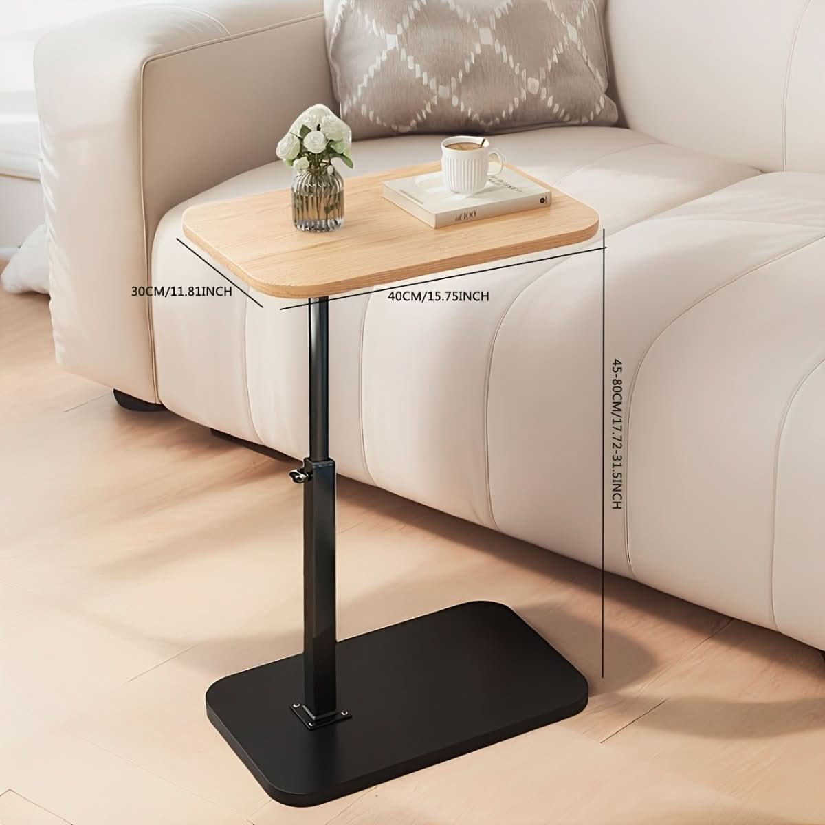 Height-adjustable side table with wooden top and metal frame