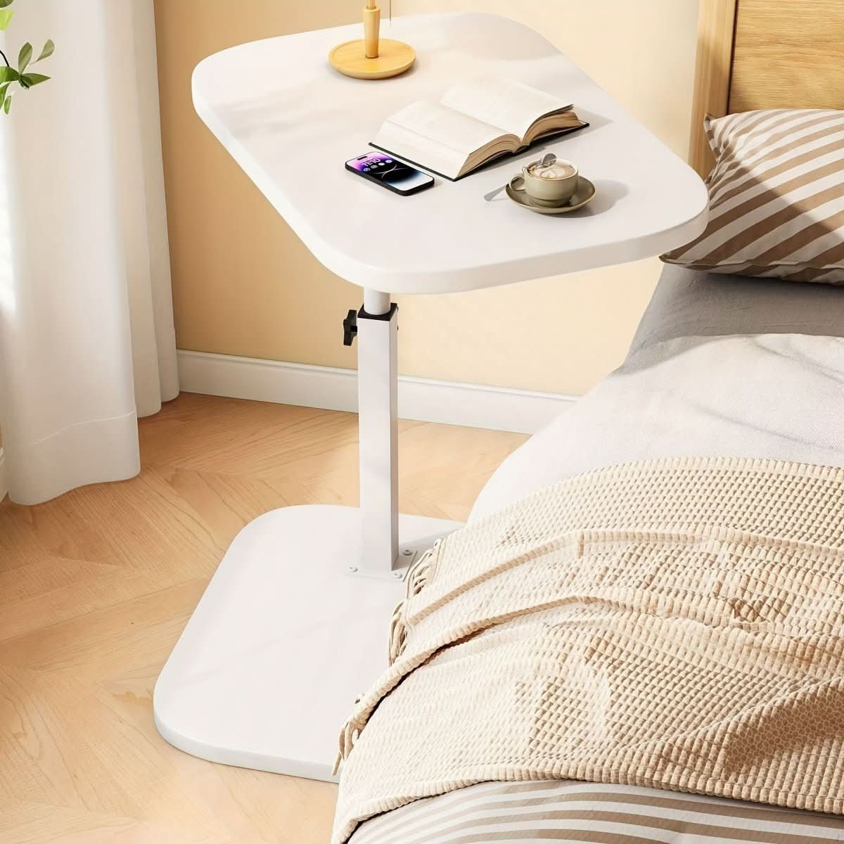 Height-adjustable side table with wooden top and metal frame