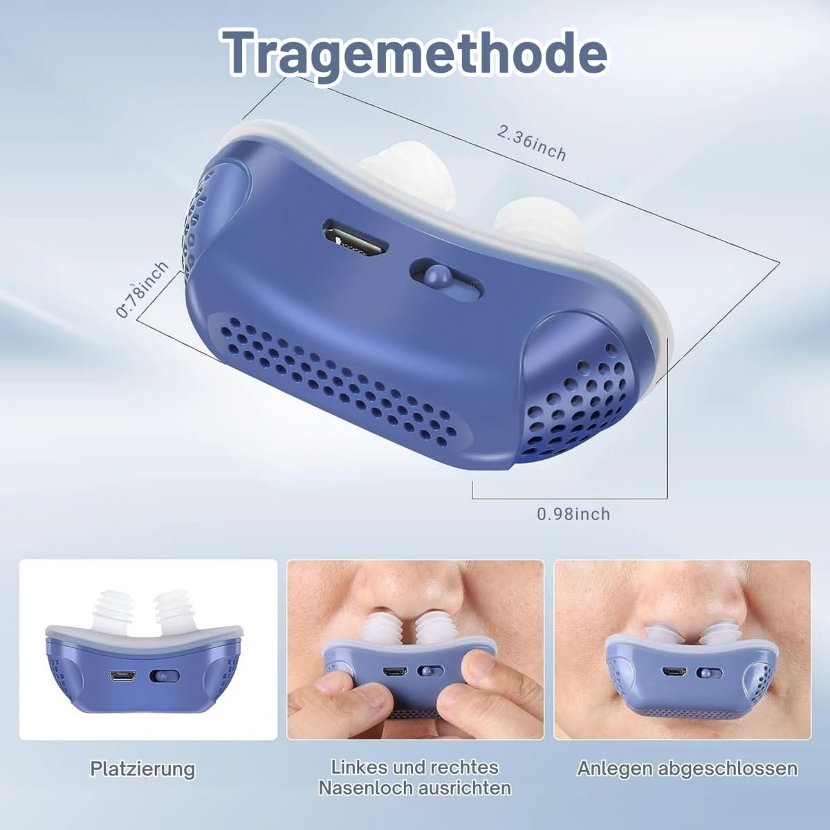 Nasal insert against snoring with air pump – Electric breathing aid