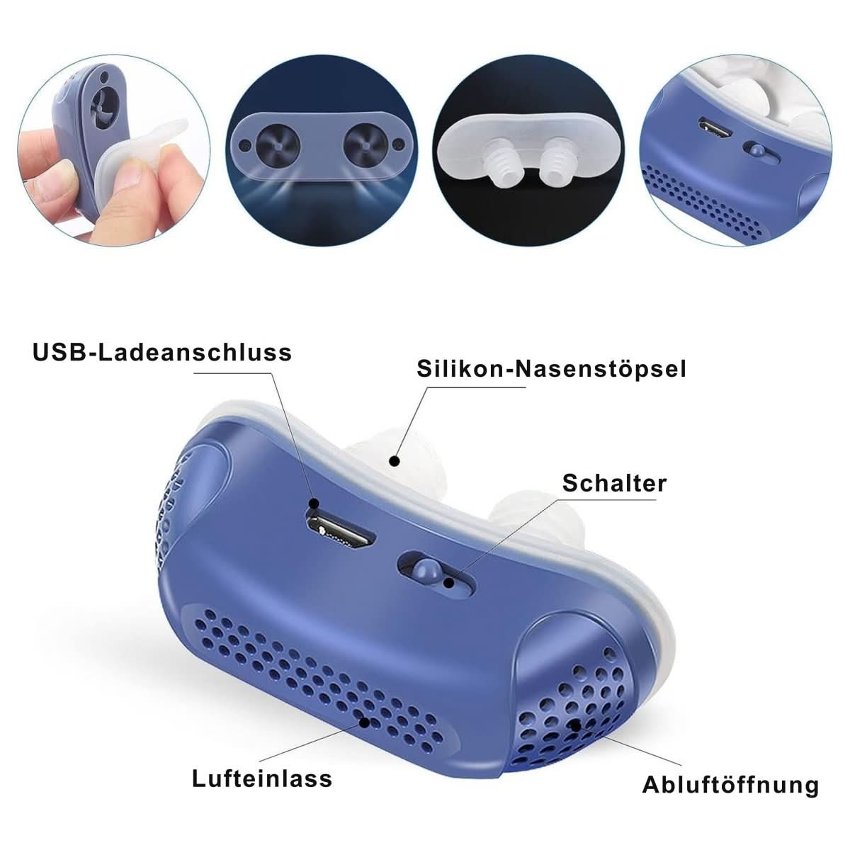 Nasal insert against snoring with air pump – Electric breathing aid