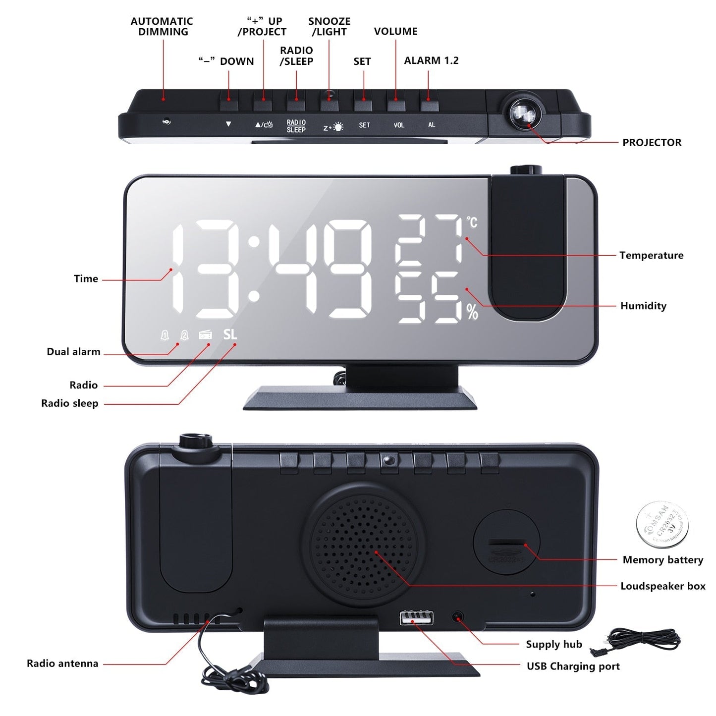 Digital Projection Clock with LED Display & FM Radio