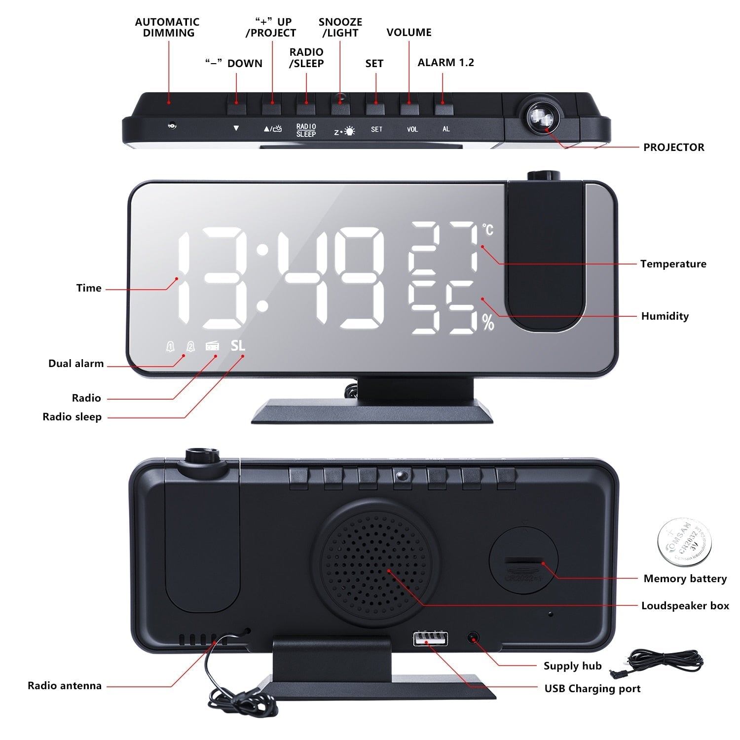 Digital Projection Clock with LED Display & FM Radio