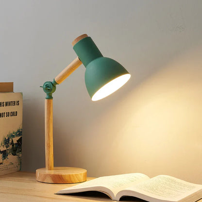 Scandinavian table lamp with wooden base and adjustable arm