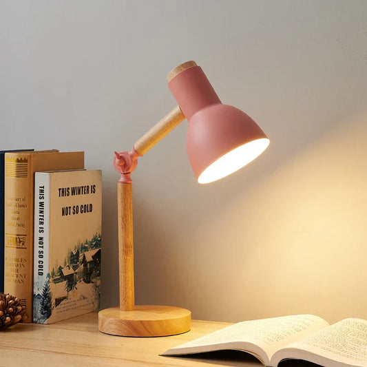 Scandinavian table lamp with wooden base and adjustable arm