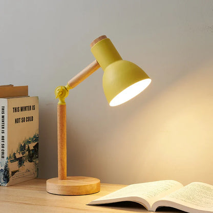 Scandinavian table lamp with wooden base and adjustable arm