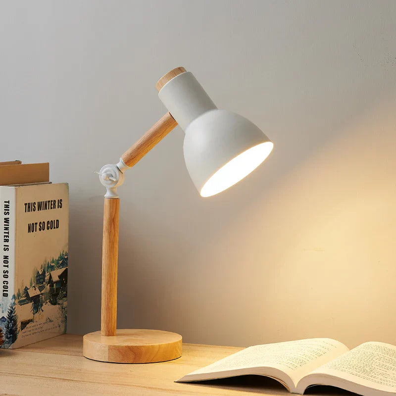 Scandinavian table lamp with wooden base and adjustable arm