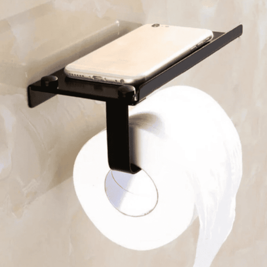 Toilet paper holder with phone shelf