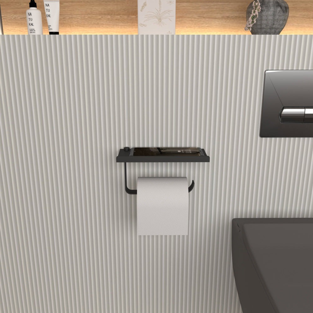 Toilet paper holder with phone shelf