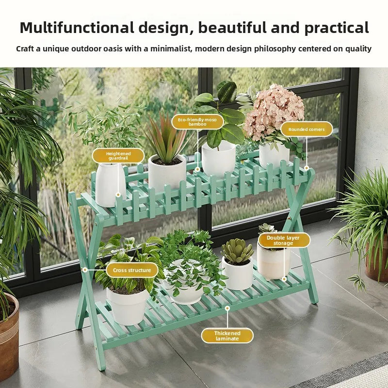 2-tier bamboo plant shelf with decorative fence panel