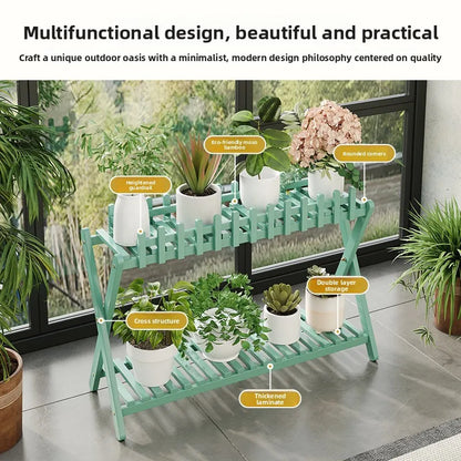 2-tier bamboo plant shelf with decorative fence panel