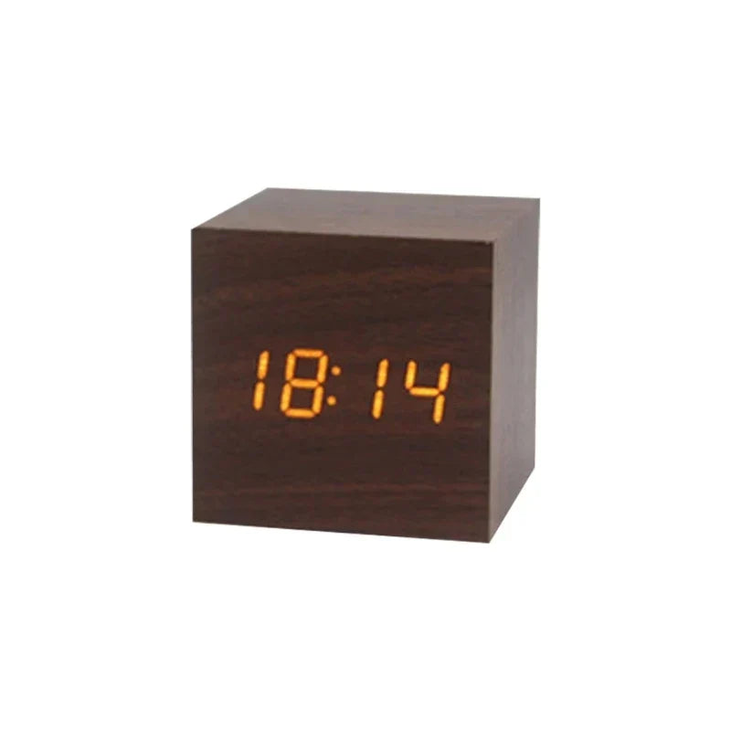 Wooden LED Alarm Clock with Temperature Display and Sound Activation