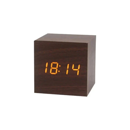 Wooden LED Alarm Clock with Temperature Display and Sound Activation