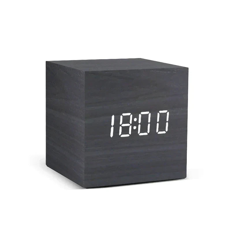 Wooden LED Alarm Clock with Temperature Display and Sound Activation