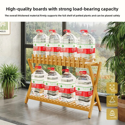 2-tier bamboo plant shelf with decorative fence panel