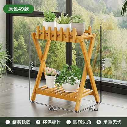 2-tier bamboo plant shelf with decorative fence panel