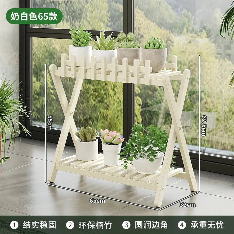 2-tier bamboo plant shelf with decorative fence panel