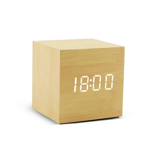 Wooden LED Alarm Clock with Temperature Display and Sound Activation