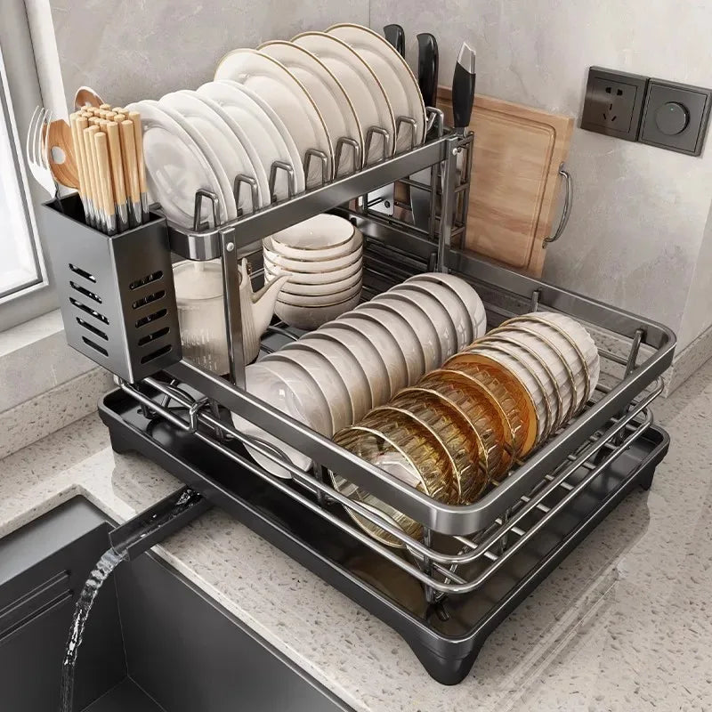 Two-Tier Dish Rack with Drip Tray – Ready to Use Immediately