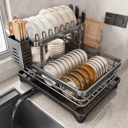 Two-Tier Dish Rack with Drip Tray – Ready to Use Immediately