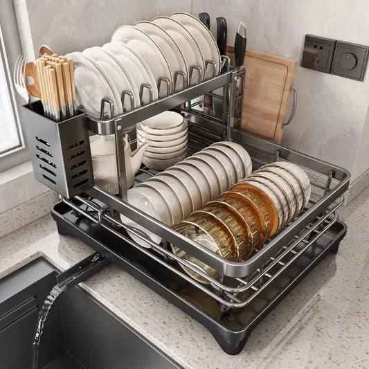Two-Tier Dish Rack with Drip Tray – Ready to Use Immediately