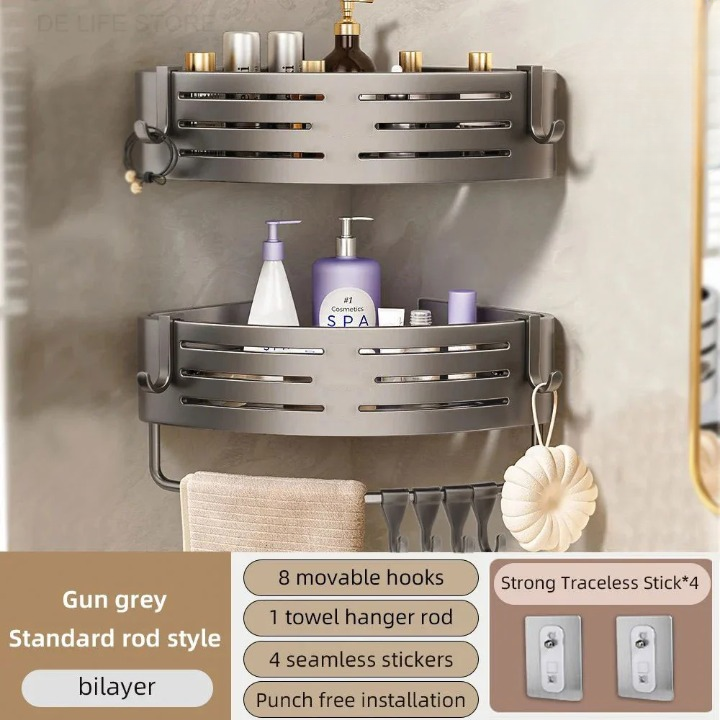 Shower Shelf 2-Piece Set – Drill-Free Wall Mounting with Hooks