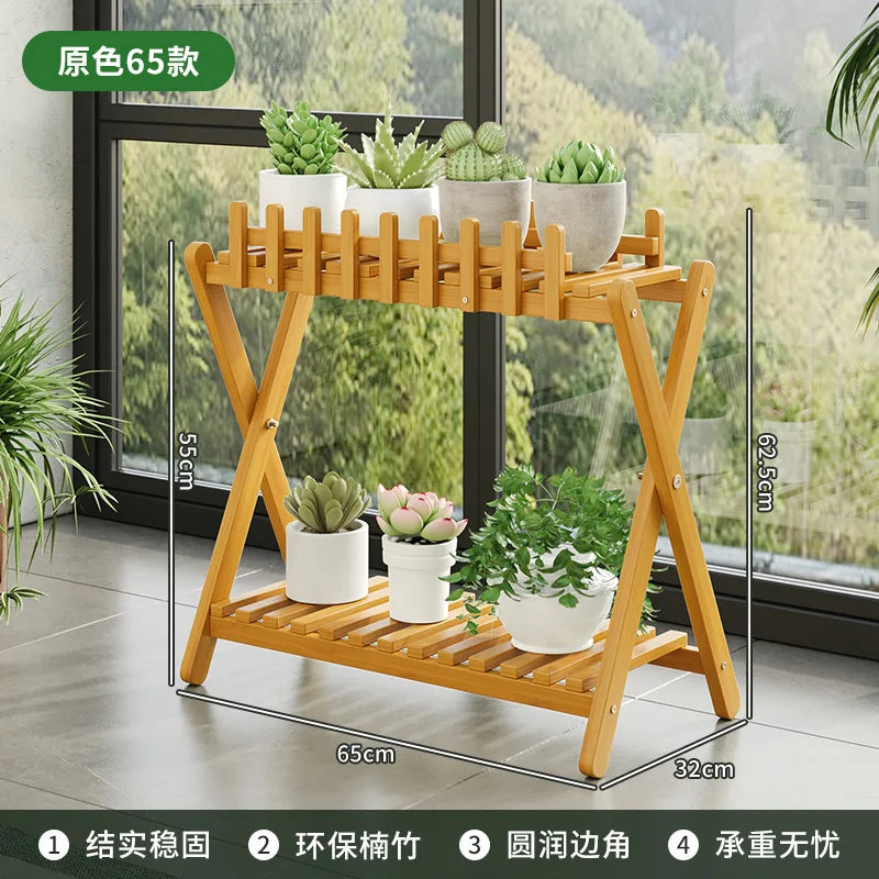 2-tier bamboo plant shelf with decorative fence panel