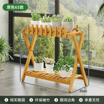 2-tier bamboo plant shelf with decorative fence panel