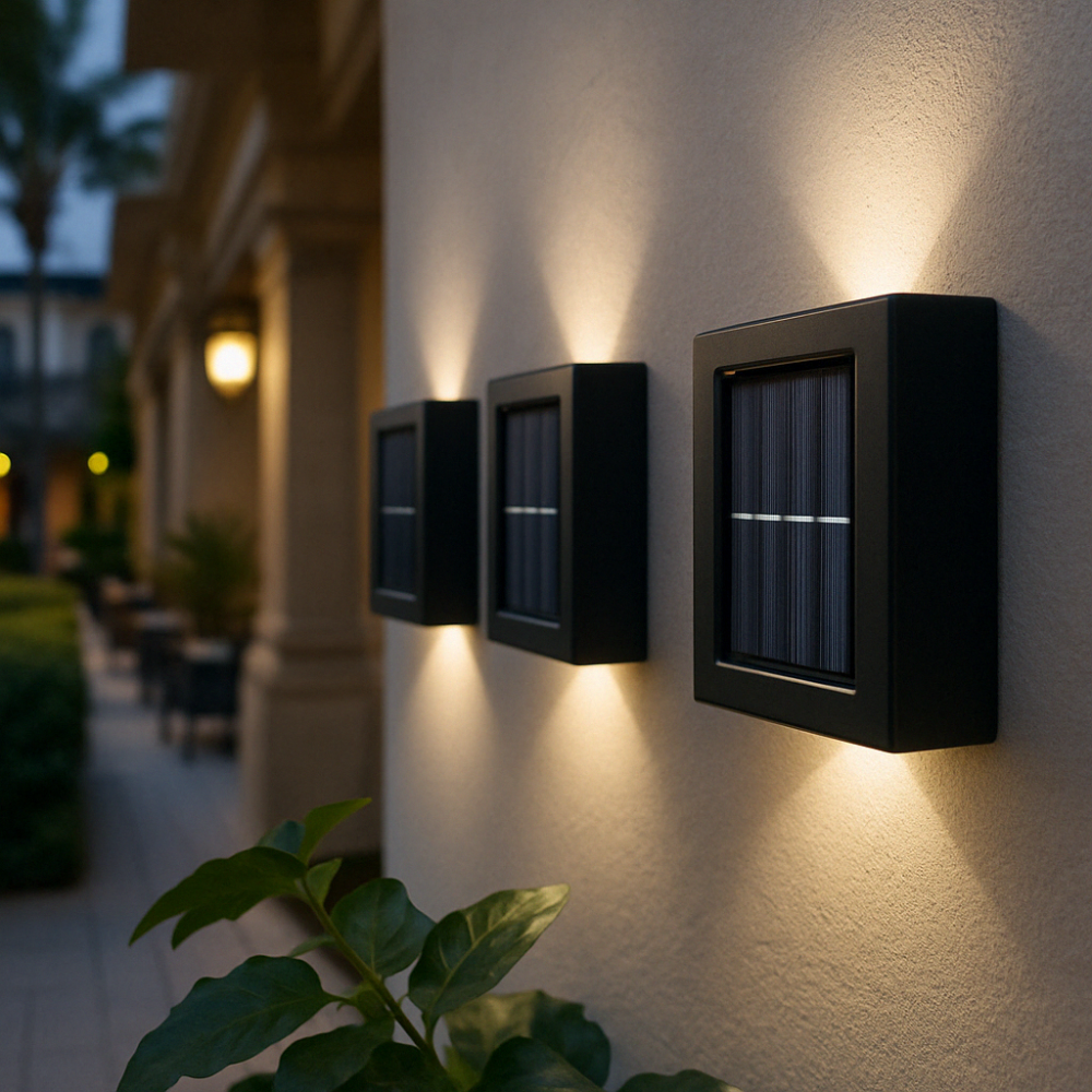 Solar LED wall lamp – Warm light without cables (4-piece set)