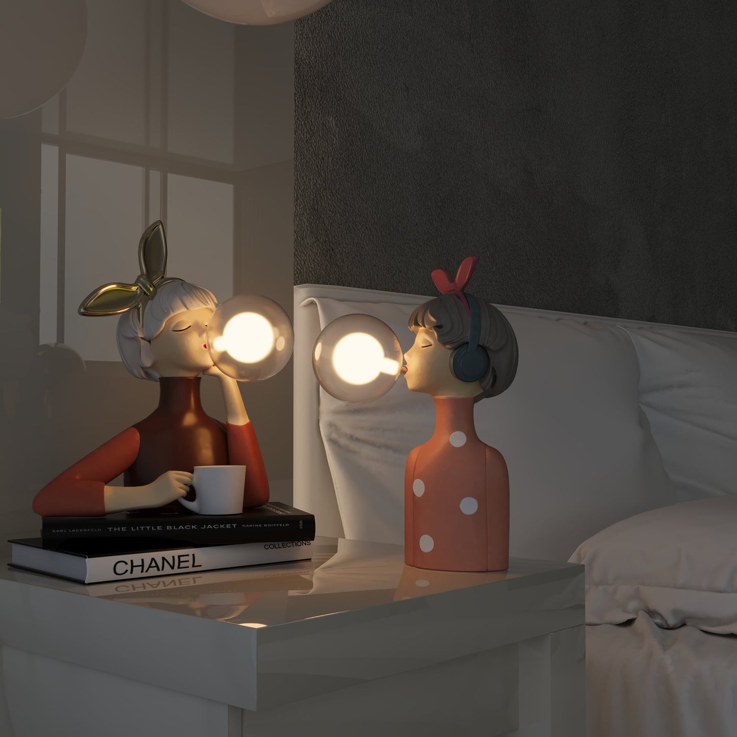 Designer table lamp with soap bubble sculpture