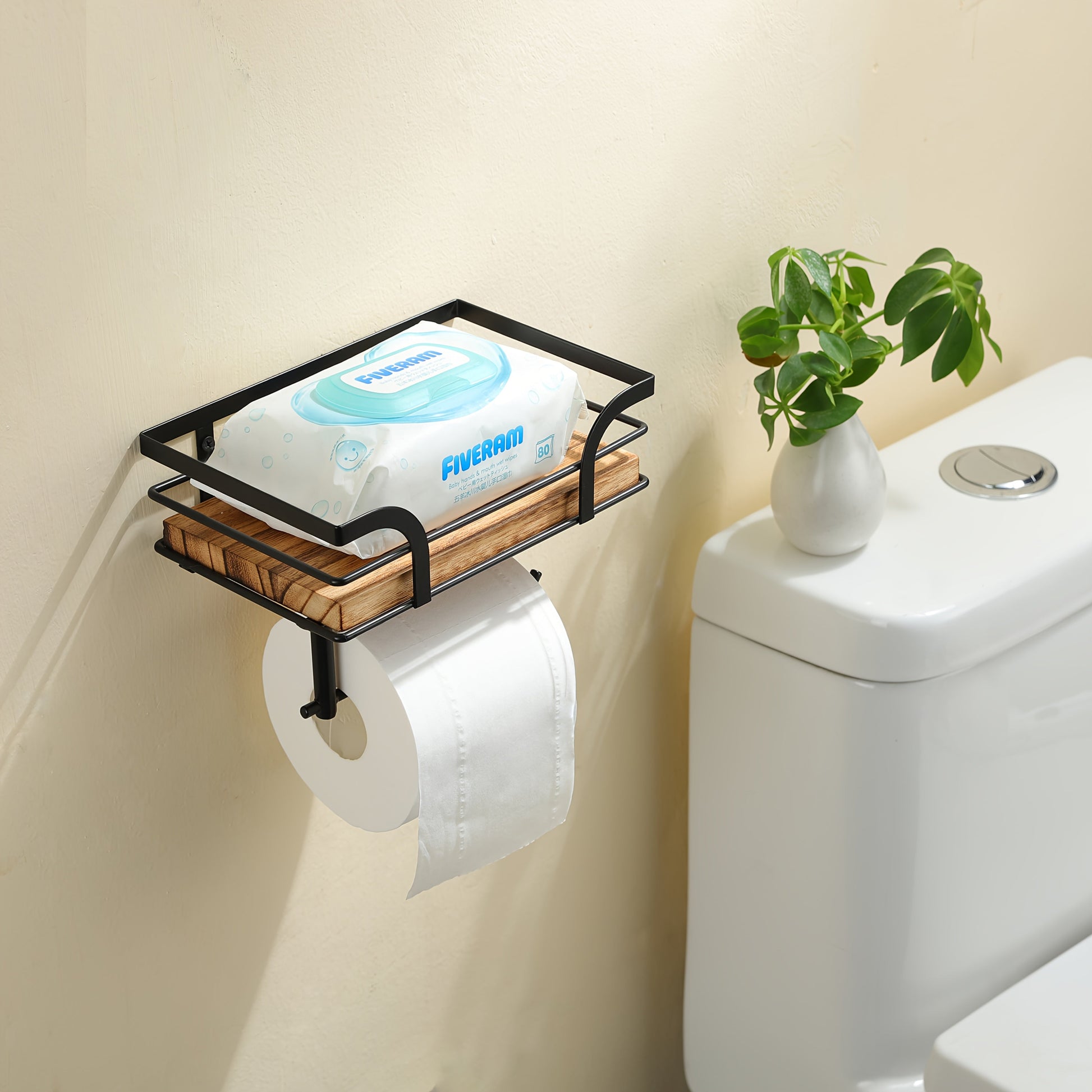 Wall Shelf with Toilet Paper Holder – Metal & Wood